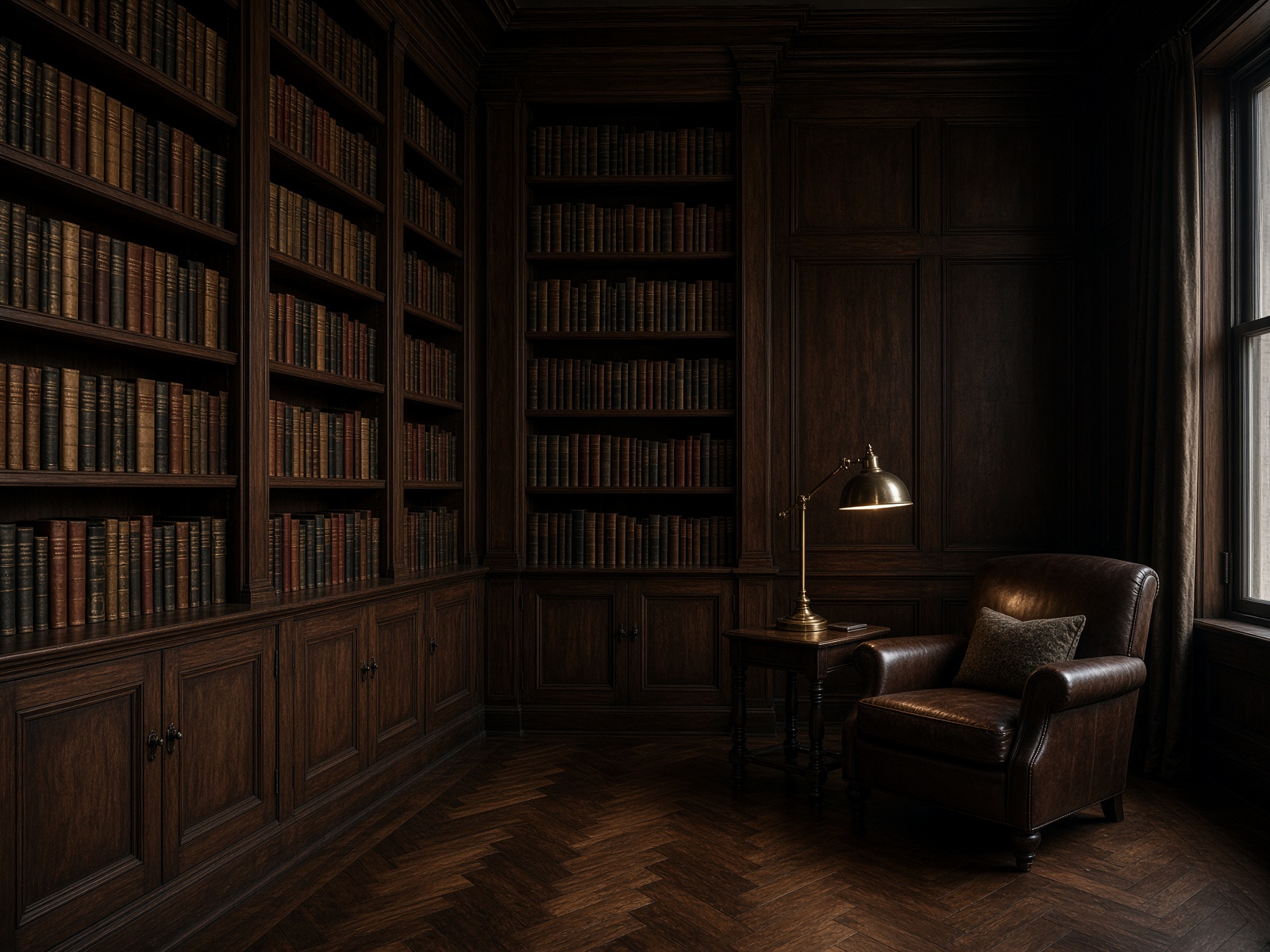 Walnut-paneled private library with leather chairs